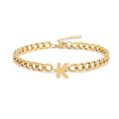 Jwicklirrng Men's 18K Gold Plated Letter Charm Bracelet A-ZAdjustable Cuban Chain for Boyfriend or Father
