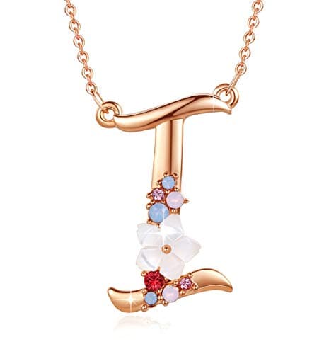 GEMMANCE Pink Red Blue Simulated Pearl Pendant Initial Letter Necklace Rose Gold Plated Anniversary Gifts for Women