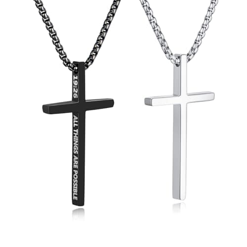 OLARCU Men's Silver & Black Stainless Steel Bible Verse Cross Pendant Necklace