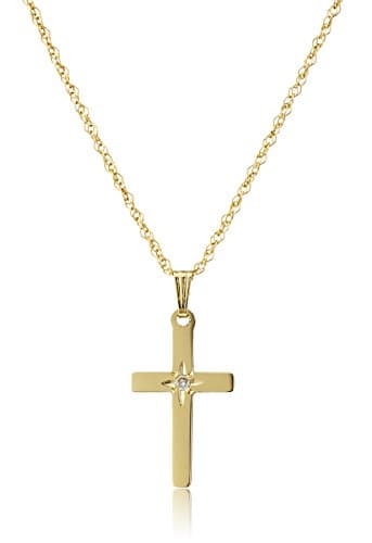 Amazon Essentials 14k Yellow Gold Diamond-Accented Cross Necklace, 18"