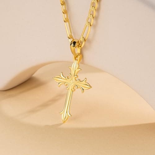CHLOÉ LOVETT 14K Gold Cross Necklace for Men Figaro Chain