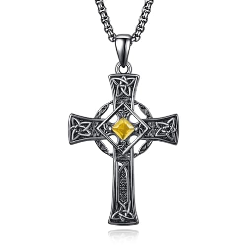 Admetus Sterling Silver Celtic Cross Necklace for Men with Birthstone Chain