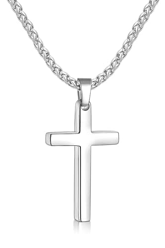 Fiusem Men's Silver Tone Cross Necklace, Stainless Steel Wheat Chain, 16-24 Inch
