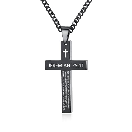 REVEMCN Inspirational Cross Necklace for Men, Black Stainless Steel Pendant Faith Gift