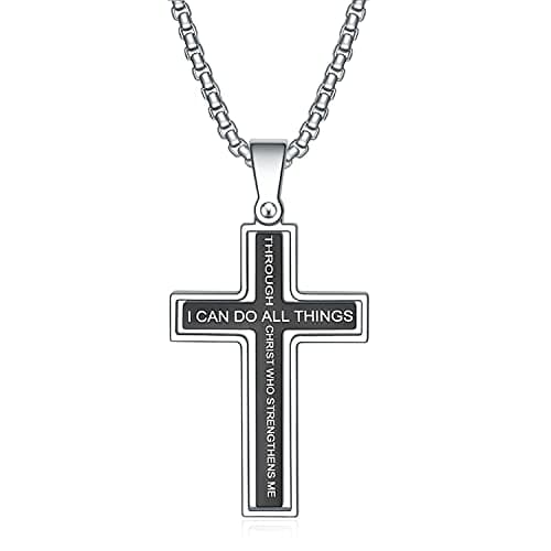 Philippians 4:13 Men's Rnivida Cross Necklace, Stainless Steel Christian Pendant