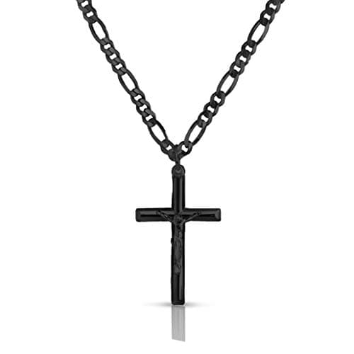 Verona Jewelers 24" Stainless Steel Figaro Chain Necklace with Silver Crucifix Pendant