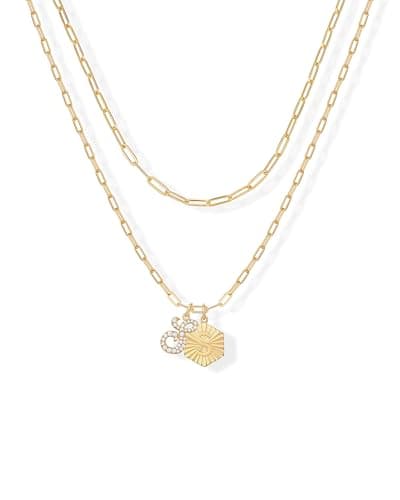 PavoI 14K Gold Plated Hexagon Initial Pendant Layered Necklace for Women | Paperclip Chain
