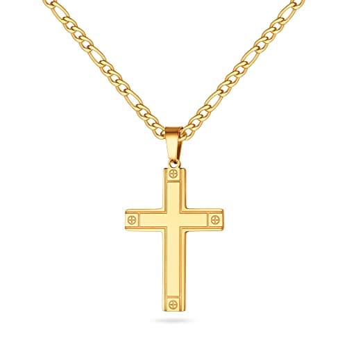 LUXEJEW Stainless Steel Figaro Chain Cross Pendant Necklace - Black, Silver, Gold