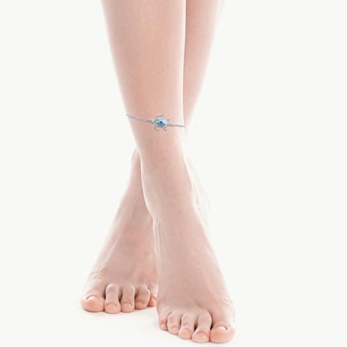 PUPILLEMON Blue Opal Sea Turtle Anklet, Women's Sterling Silver Jewelry (Large Size)