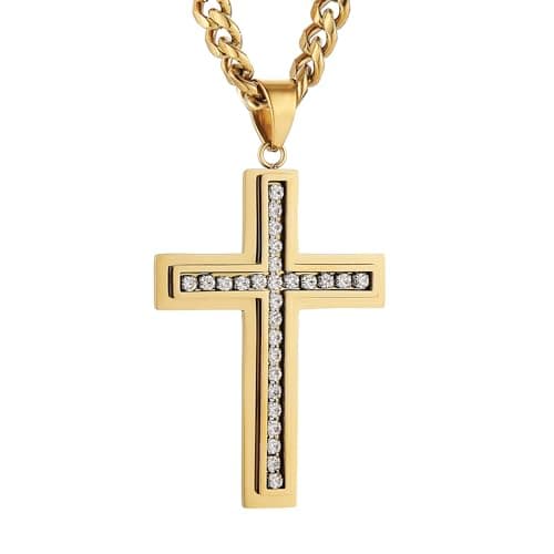HZMAN Men's Stainless Steel Cross Necklace with CZ Inlay 7mm Cuban Chain 24 inches