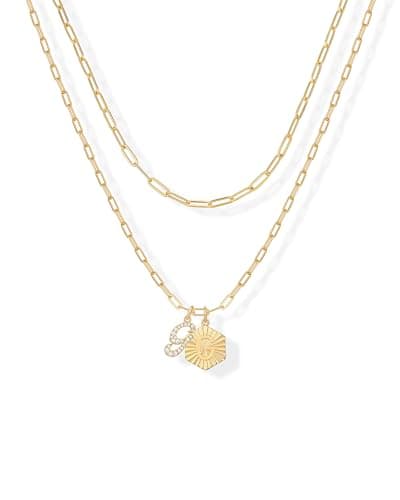 PavoI 14K Gold Plated Hexagon Initial Pendant Layered Necklace for Women | Paperclip Chain