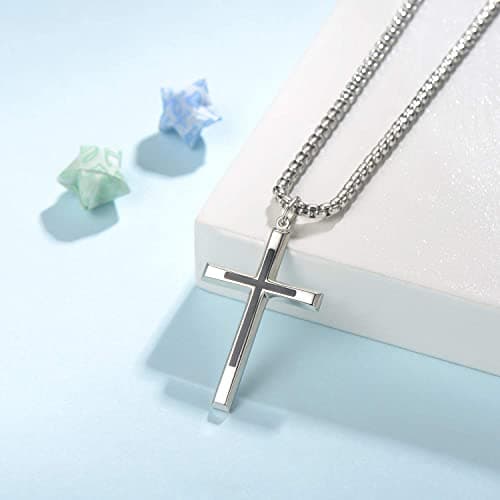 FANCIME Black Cross Sterling Silver PendantLong NecklaceFine Jewelry Stainless Steel Box Chain 24"