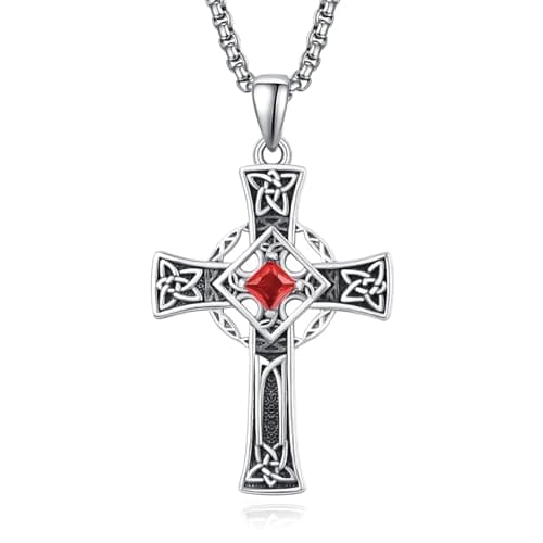 Admetus Sterling Silver Celtic Cross Necklace for Men with Birthstone Chain