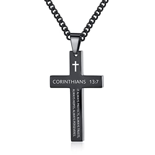 REVEMCN Inspirational Cross Necklace for Men, Black Stainless Steel Pendant Faith Gift