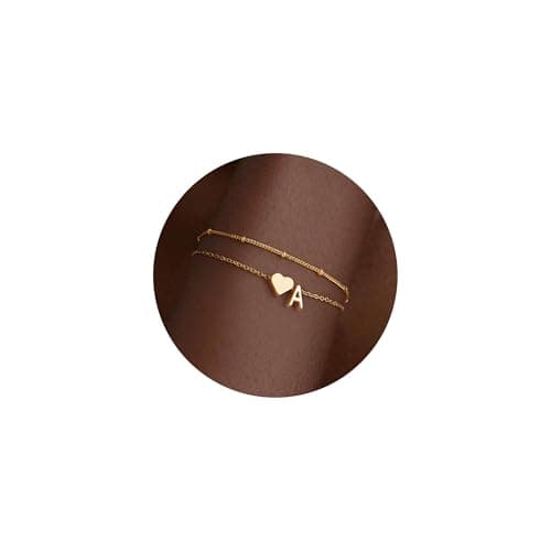 Initial Heart Gold Bracelets - Layered Beaded Charm Gifts for Women
