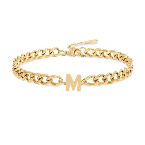 Jwicklirrng Men's 18K Gold Plated Letter Charm Bracelet A-ZAdjustable Cuban Chain for Boyfriend or Father
