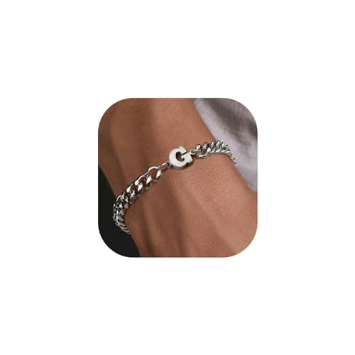 Stainless Steel Initial Bracelet for Men - Dainty Silver Cuban Link