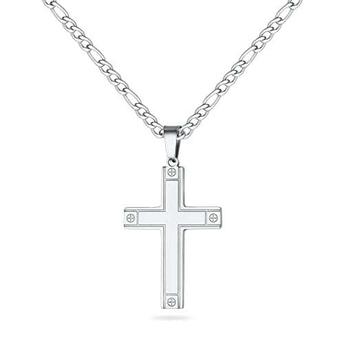 LUXEJEW Stainless Steel Figaro Chain Cross Pendant Necklace - Black, Silver, Gold