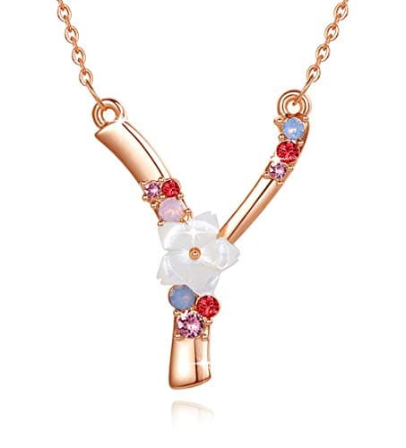GEMMANCE Pink Red Blue Simulated Pearl Pendant Initial Letter Necklace Rose Gold Plated Anniversary Gifts for Women