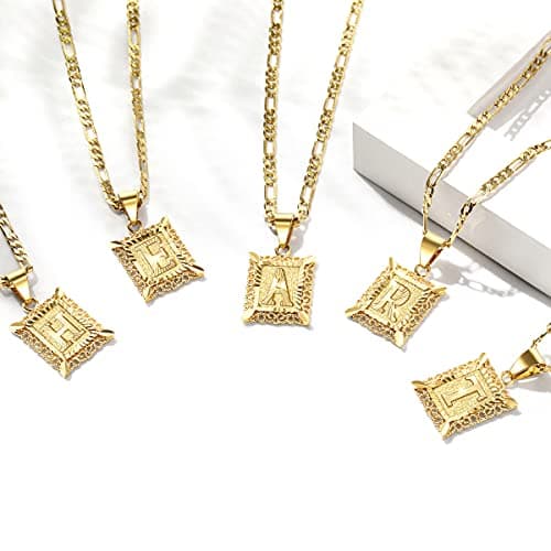 KissYan Initial Letter Pendant Necklace, 14K Gold Plated Square Monogram Figaro Chain Jewelry A-Z