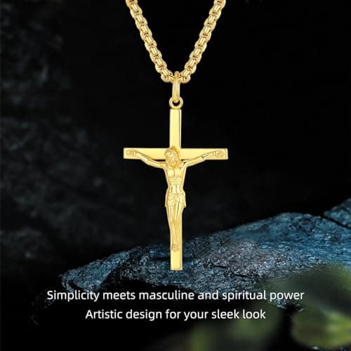 FANCIME Men's Sterling Silver Crucifix Necklace, Strong Stainless Steel Chain, Polished Finery