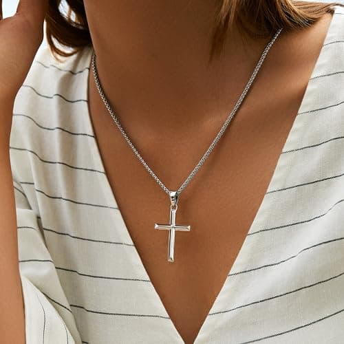 LOFITOR 925 Sterling Silver Cross Necklace with 18K Gold Plating Stainless Steel Chain 16-28 Inches