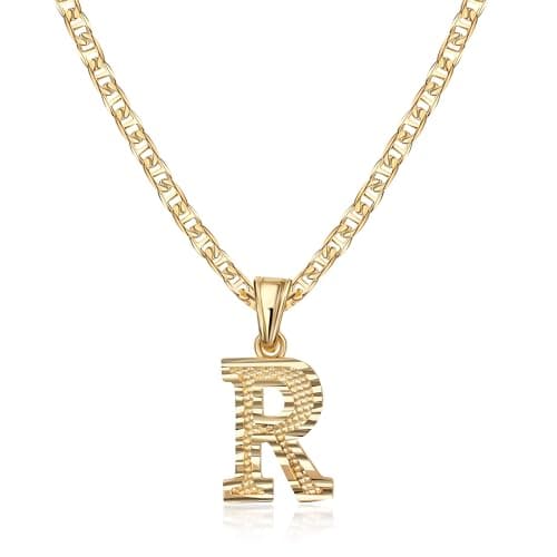 Barzel 18K Gold Plated Diamond Cut Initial Necklace, 18" Chain + 2" Ext, Made in Brazil