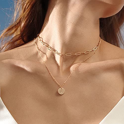 MEVECCO 18K Gold Plated Double Layered Initial Necklace Gift for Women