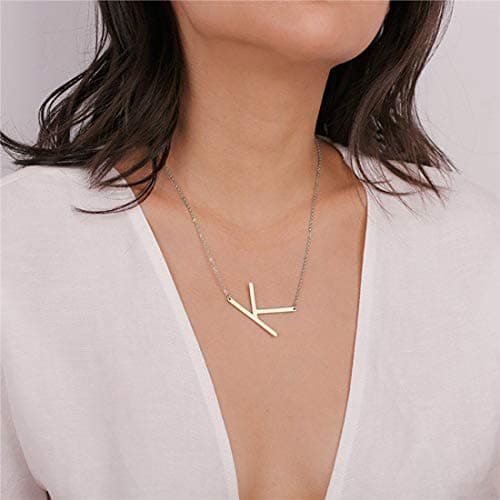 MOMOL Sideways Initial Necklace: 18K Gold Plated Big Letters Pendant for Women