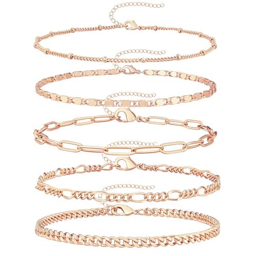 Gokeey 14k Gold Anklet Set for Women - Waterproof Cuban Figaro Chain Jewelry - Adjustable Size - Ideal Gift
