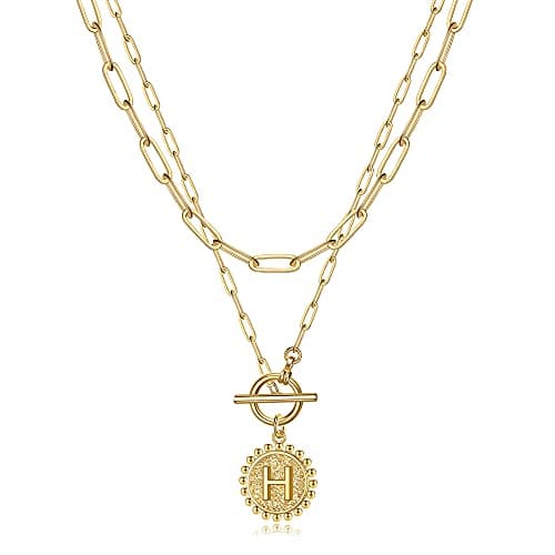 Turandoss Gold Plated Layered Necklace for Women Coin Initial Pendant