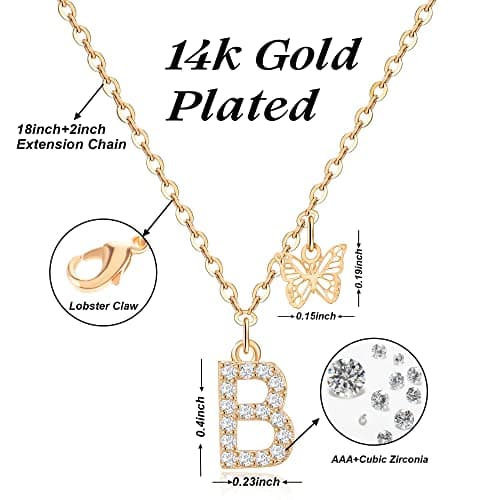 MJartoria Dainty Initial Gold Plated Butterfly Necklace, Cubic Zirconia Jewelry for Women