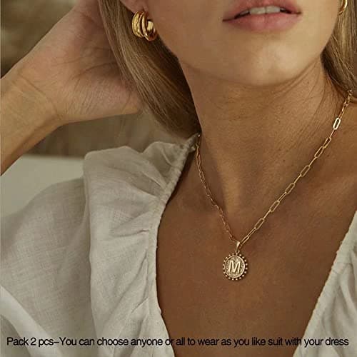 Ursteel Layered Initial Necklaces for Women - 14K Gold Plated Paperclip Chain with Coin Pendant