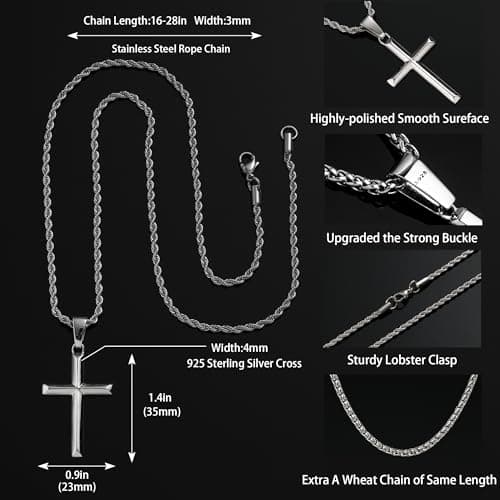 LOFITOR 925 Sterling Silver Cross Necklace with 18K Gold Plating Stainless Steel Chain 16-28 Inches