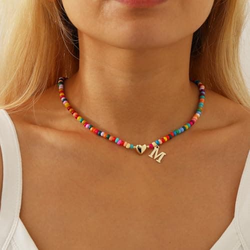 Colorful Beaded Charm Alphabet Choker Necklace for Women and Girls | Bohemian Gold Plated Heart Pendant