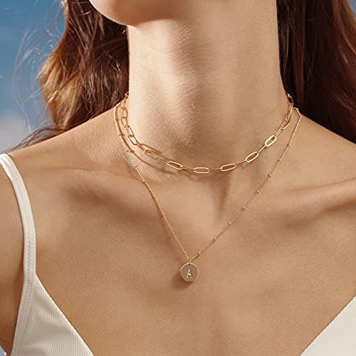 MEVECCO 18K Gold Plated Double Layered Initial Necklace Gift for Women