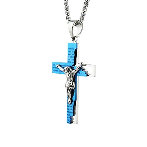HZMAN Men's Stainless Steel Cross Crucifix Prayer Pendant Necklace 22+2" Chain