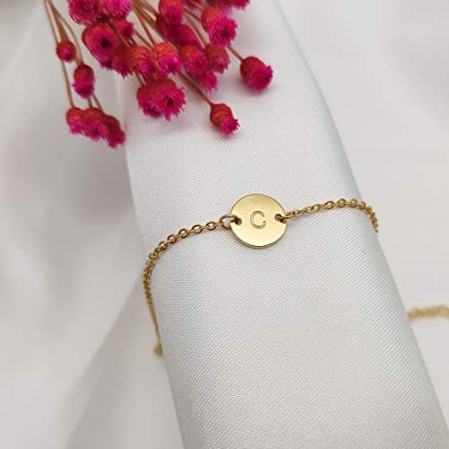 Glimmerst Personalized Gold Plated Stainless Steel Initial Disc Charm Bracelet for Women
