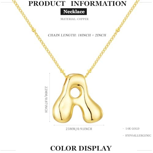 Moiegouct 14K Gold Plated 3D Initial Necklace with Beaded Chain Personalized Jewelry for Women