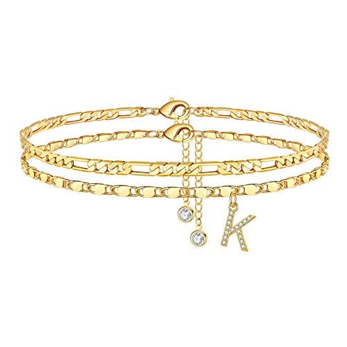 Ursteel 14K Gold Plated Initial Anklet Set for Women - Dainty Layered CZ Summer Jewelry Gifts
