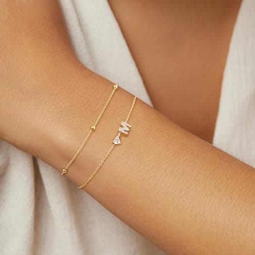 Tewiky Initial Heart Gold Bracelets for Women 14K Gold Plated Zircon Charm Charms Jewelry Gift