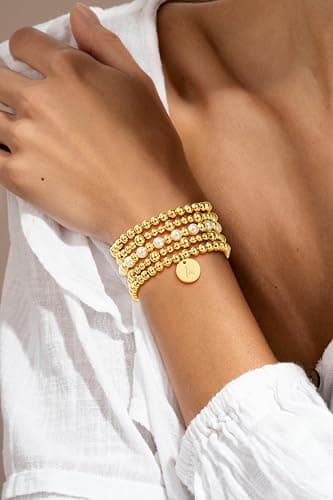 VULETO 18K Gold Plated A-Z Initial Beadedbracelet Set