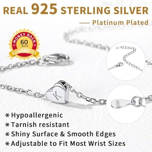 Chic Personalized 925 Sterling Silver Heart Initial Bracelet for Women(with Gift Box)