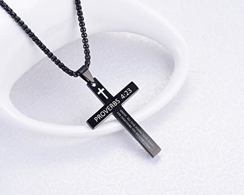 Stainless Steel Cross Pendant Necklaces with Proverbs 4:23 for Men or Women (24 Inch Chain)