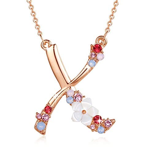 GEMMANCE Pink Red Blue Simulated Pearl Pendant Initial Letter Necklace Rose Gold Plated Anniversary Gifts for Women