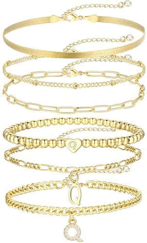 14K Gold Plated Initial Bracelet Set, Dainty & Stackable for Women