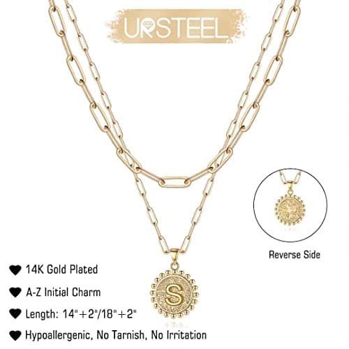 Ursteel Gold Initial Necklace for Women - Adjustable Layered Paperclip Chain S Pendant Jewelry Gift