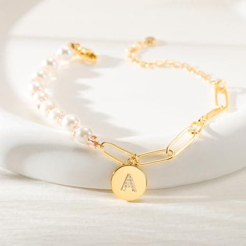 Turandoss Personalized Gold Initial Charm Pearl Bracelets for Girls & Teen Bridesmaids