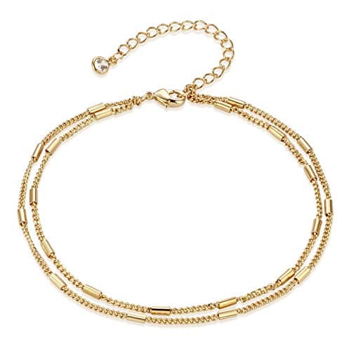 LOYATA 14K Gold Plated Dainty Ankle Bracelet with White CZ Cross Tassel Boho Jewelry for Women