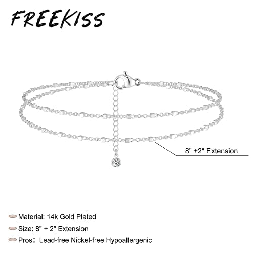 Freekiss Sterling Silver Layered Waterproof Anklet for women Adjustable Beaded Cuban Link Jewelry